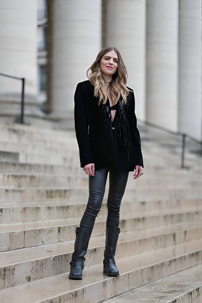 Black Sequin-Trimmed Velvet Blazer + Black Leather Leggings + Tall Black Moto Boots