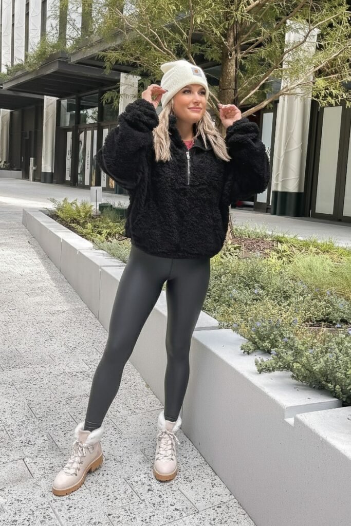 Black Sherpa Quarter-Zip Pullover + Black Faux Leather Leggings + Cream Shearling-Lined Boots