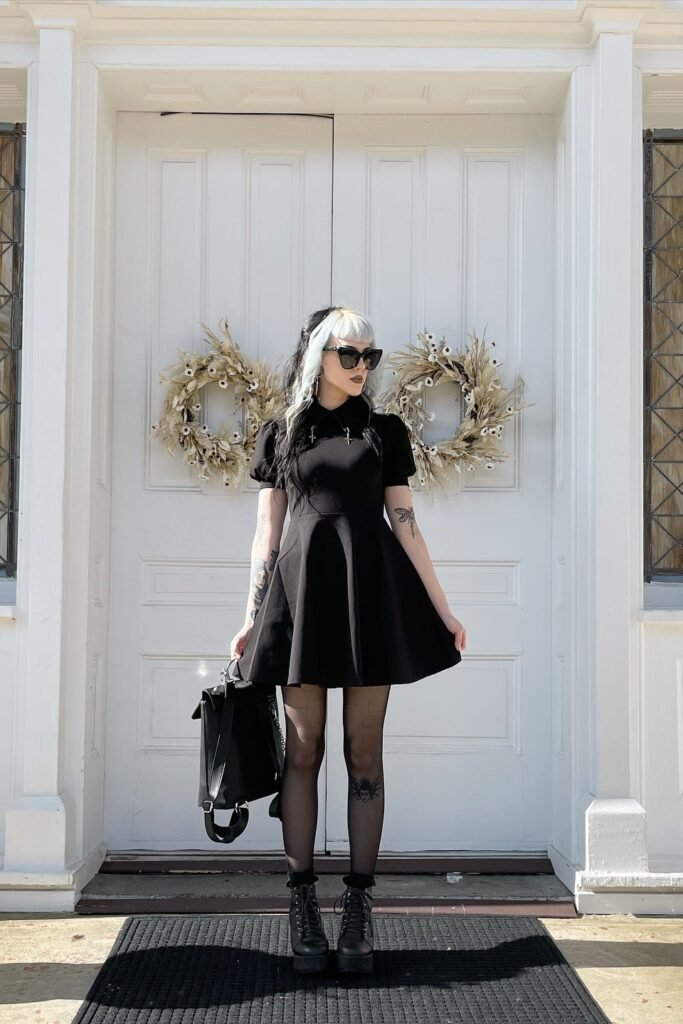 Black Short-Sleeve Fit-and-Flare Mini Dress + Black Sheer Tights + Black Platform Lace-Up Boots