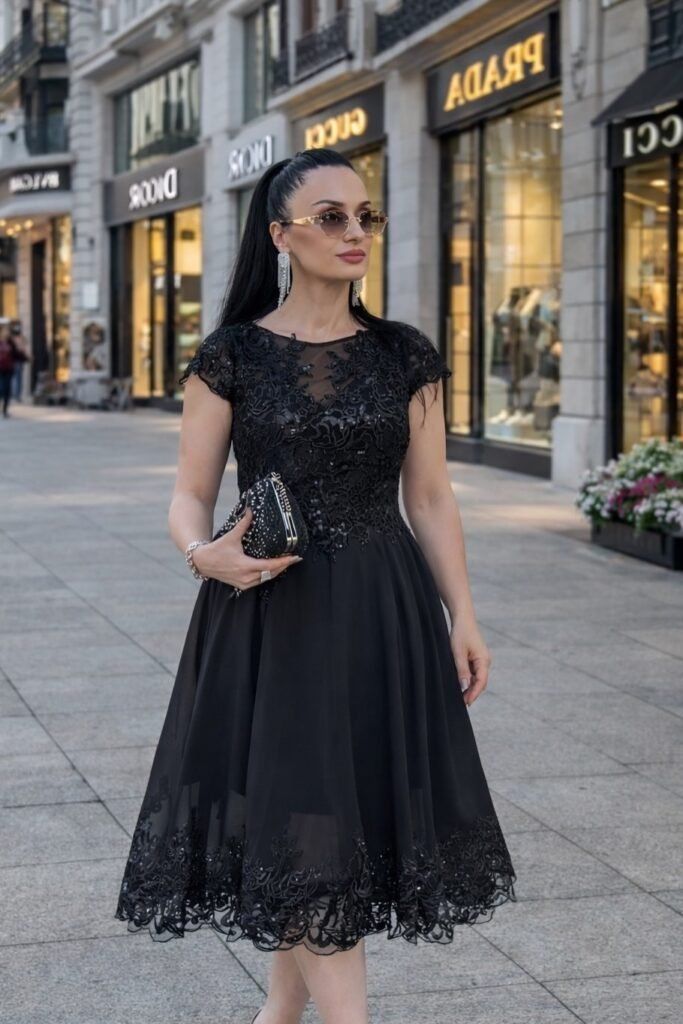 Black Short-Sleeve Lace Overlay Flare Dress + Embellished Black Clutch + Silver Statement Earrings