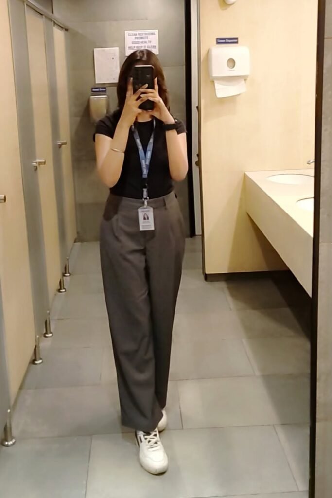 Black Short-Sleeve T-Shirt + Dark Grey Tailored Trousers + White Sneakers