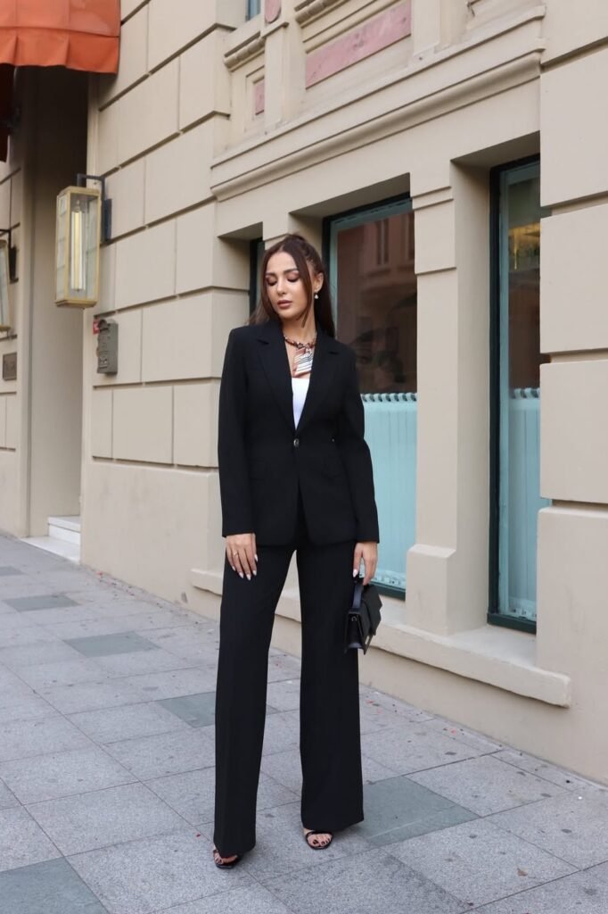 Black Single-Button Blazer + Matching Wide-Leg Trousers + White Camisole + Black Strappy Heels