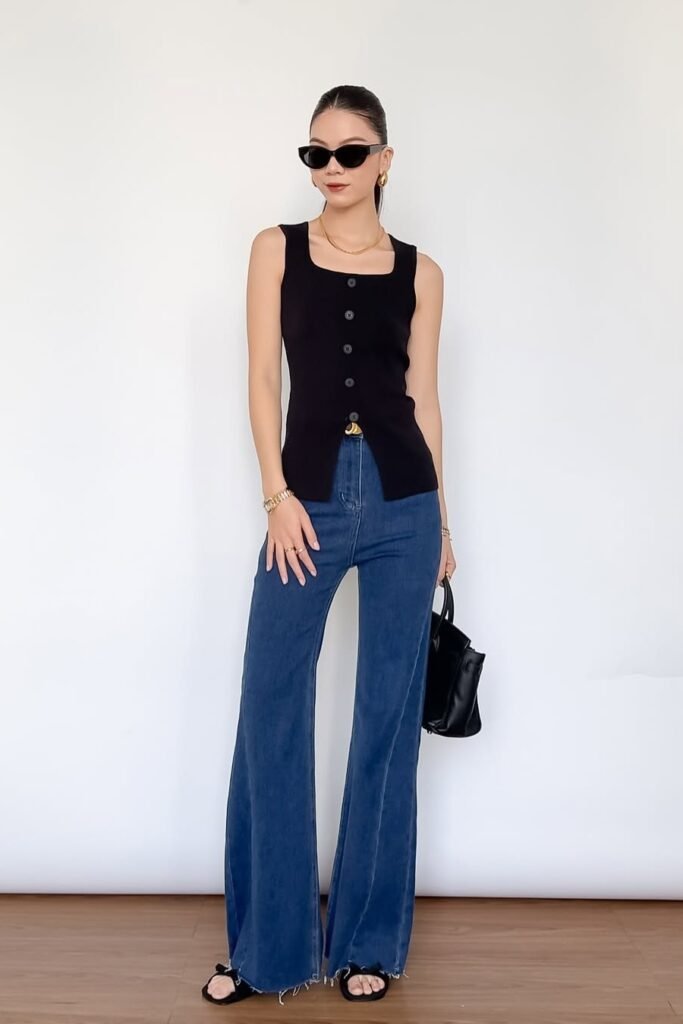 Black Sleeveless Button-Down Top + Flare Jeans + Black Sandals
