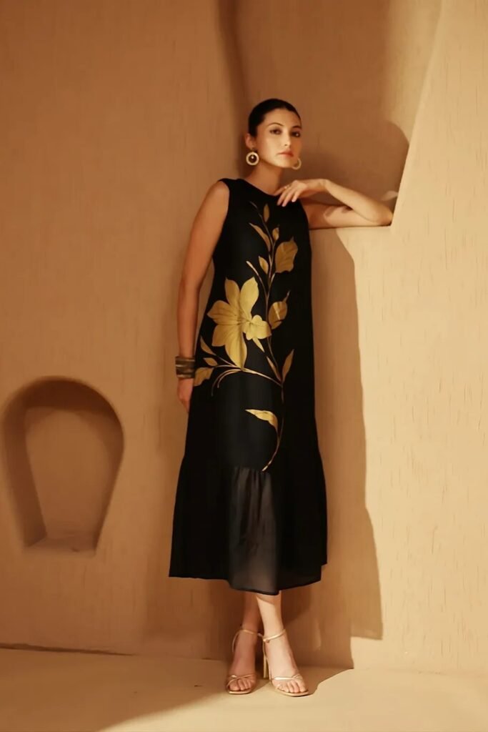 Black Sleeveless Column Dress with Gold Floral Graphic + Gold Strappy Heels + Hoop Earrings