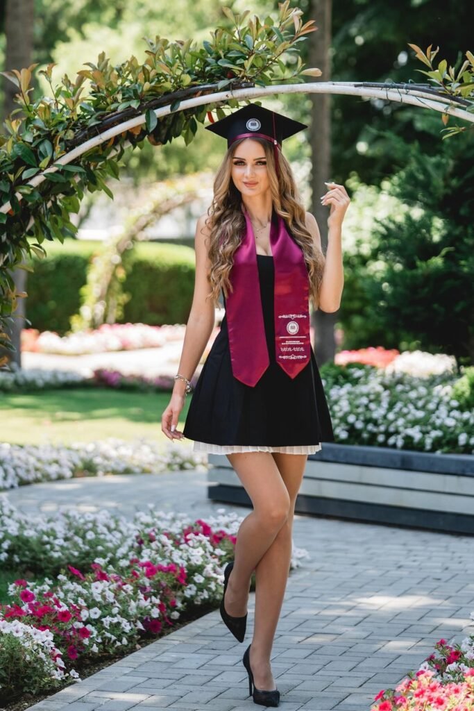 Black Sleeveless Mini Dress with White Pleated Trim + Maroon Graduation Stole & Cap + Black Pointed-Toe Pumps