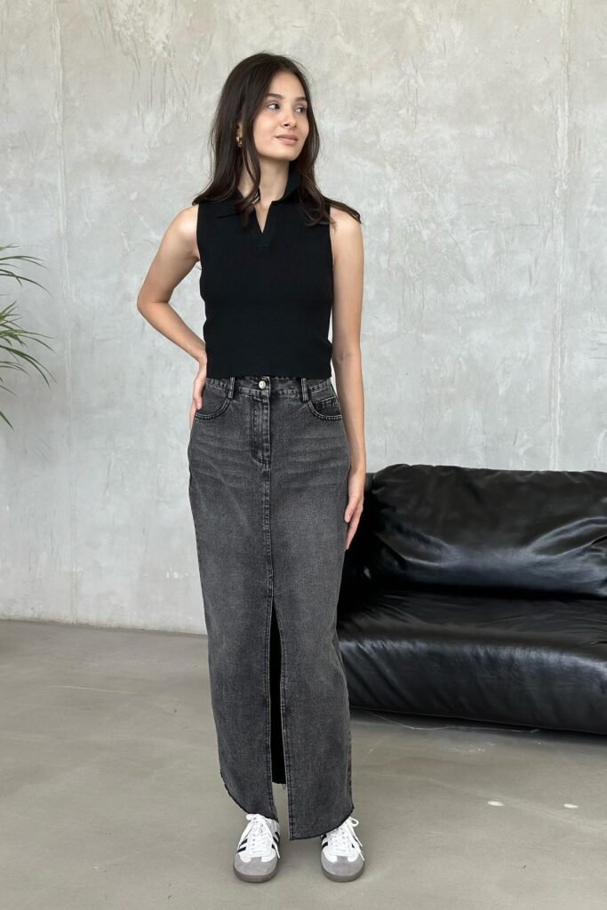 Black Sleeveless Polo Top + Dark Grey Maxi Denim Skirt with Slit + Black and White Sneakers