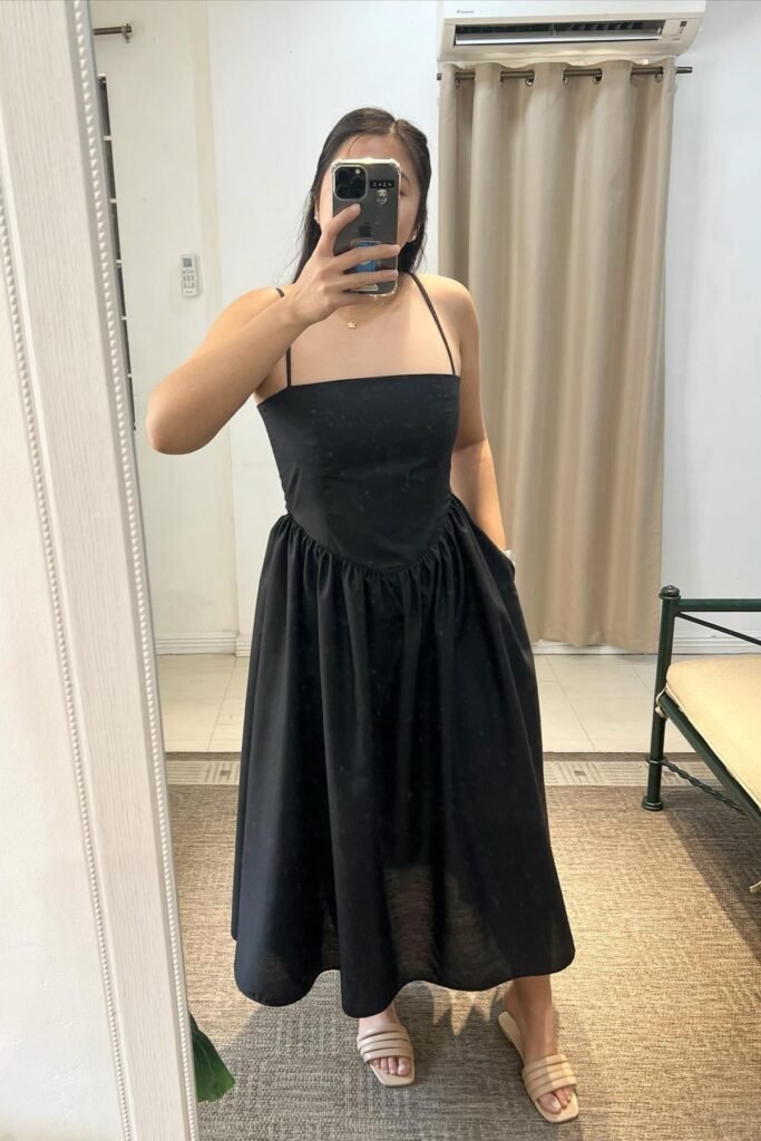 Black Spaghetti Strap Basque Waist Midi Dress + Beige Padded Slide Sandals