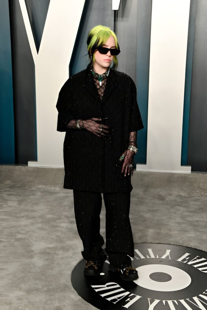 Black Sparkly Oversized Blazer + Matching Trousers + Sheer Lace Gloves and Turtleneck