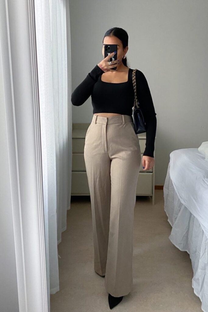 Black Square-Neck Long Sleeve Crop Top + Beige High-Waisted Tailored Trousers + Black Pointed-Toe Boots
