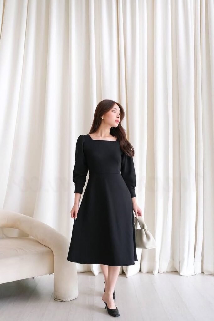 Black Square-Neck Midi Dress with Puff Sleeves + Black Mules + Beige Handbag