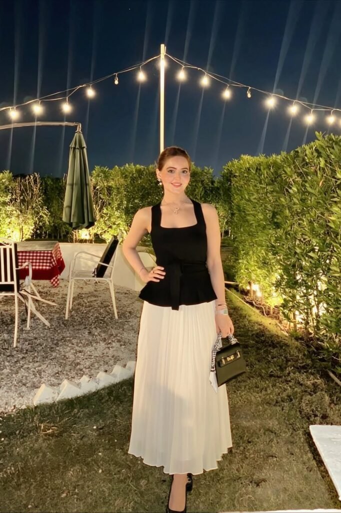 Black Square-Neck Peplum Top + White Pleated Maxi Skirt + Black Slingback Heels