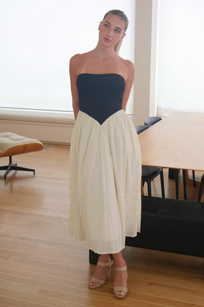 Black Strapless Sweetheart Bodice + Cream High-Waisted A-Line Midi Skirt + Beige Strappy Heeled Sandals