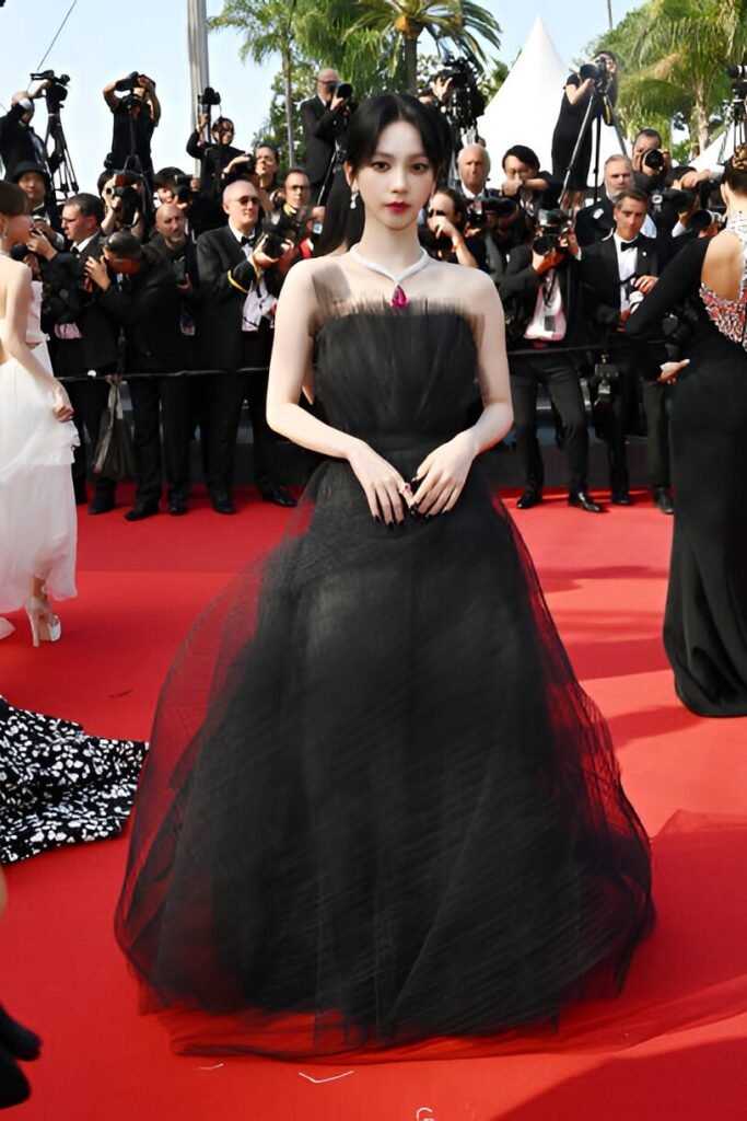 Black Strapless Tulle Gown + Pink Statement Necklace + Formal Updo