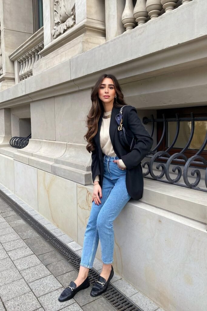 Black Structured Blazer + Cream Knit Top + Light Wash Straight Jeans + Black Horsebit Loafers