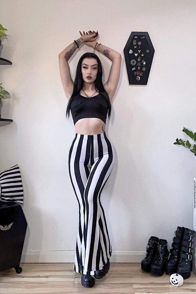 Black Sweetheart Crop Top + Black and White Striped Flare Pants + Black Platform Boots