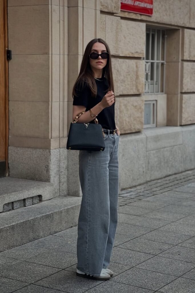 Black T-Shirt + Grey Wide-Leg Jeans + Black and White Sneakers