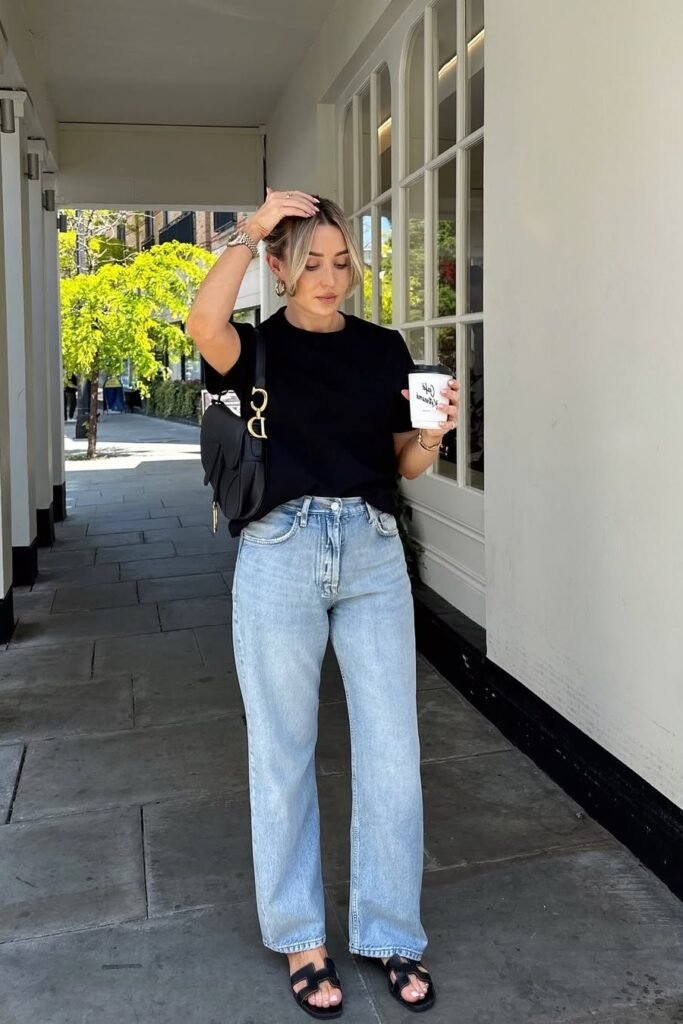 Black T-Shirt + Light Wash Straight-Leg Jeans + Black H-Strap Sandals