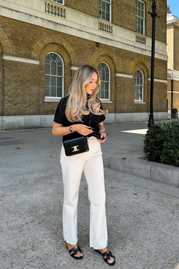 Black T-Shirt + White Straight-Leg Jeans + Black H-Strap Sandals