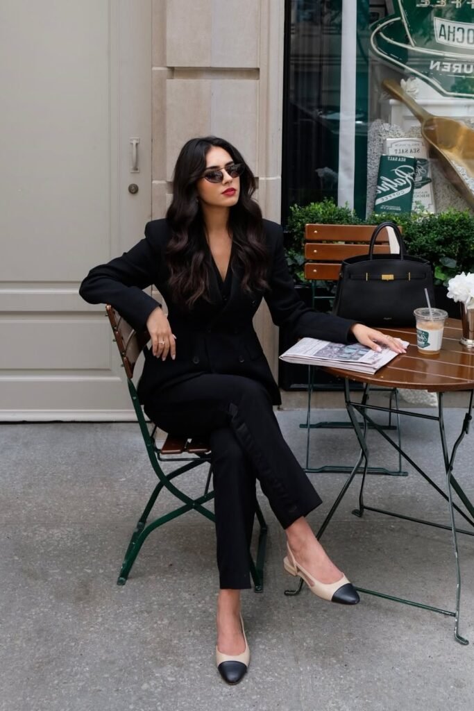 Black Tailored Pantsuit + Black Cat-Eye Sunglasses + Two-Tone Slingback Heels