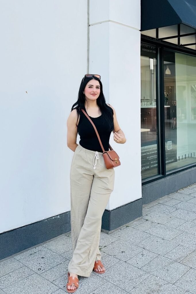 Black Tank Top + Beige Drawstring Linen Pants + Tan Slide Sandals