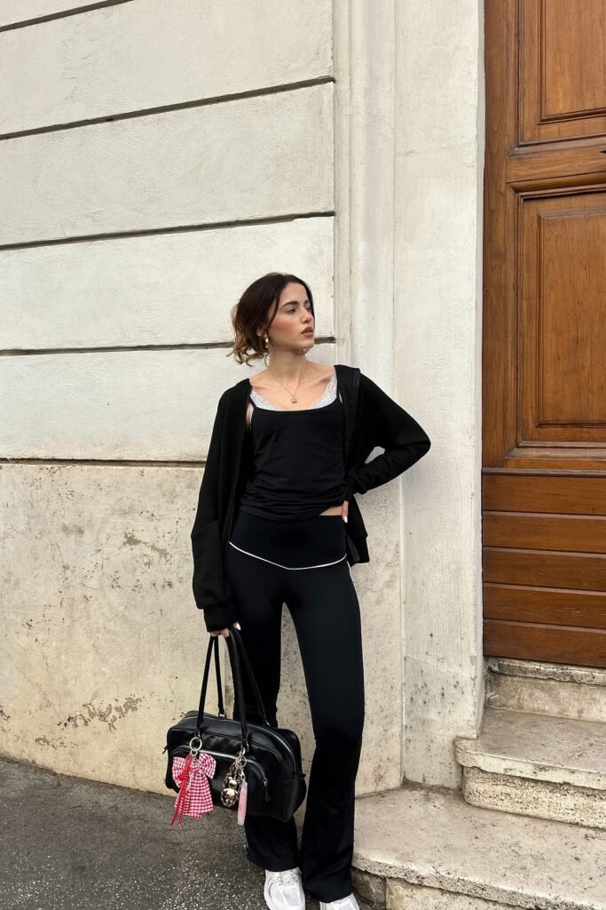 Black Tank Top & Zip-up Hoodie + Black Yoga Flares + White Sneakers