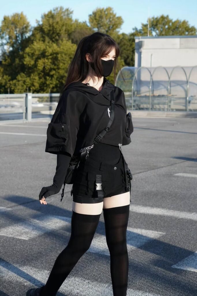 Black Techwear Cropped Hoodie + Black Tactical Shorts + Black Thigh-High Stockings