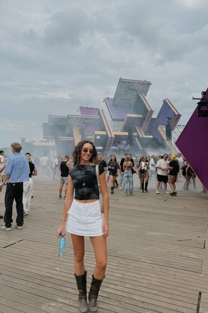Black Textured Cap-Sleeve Crop Top + White Denim Mini Skirt + Black Mid-Calf Boots