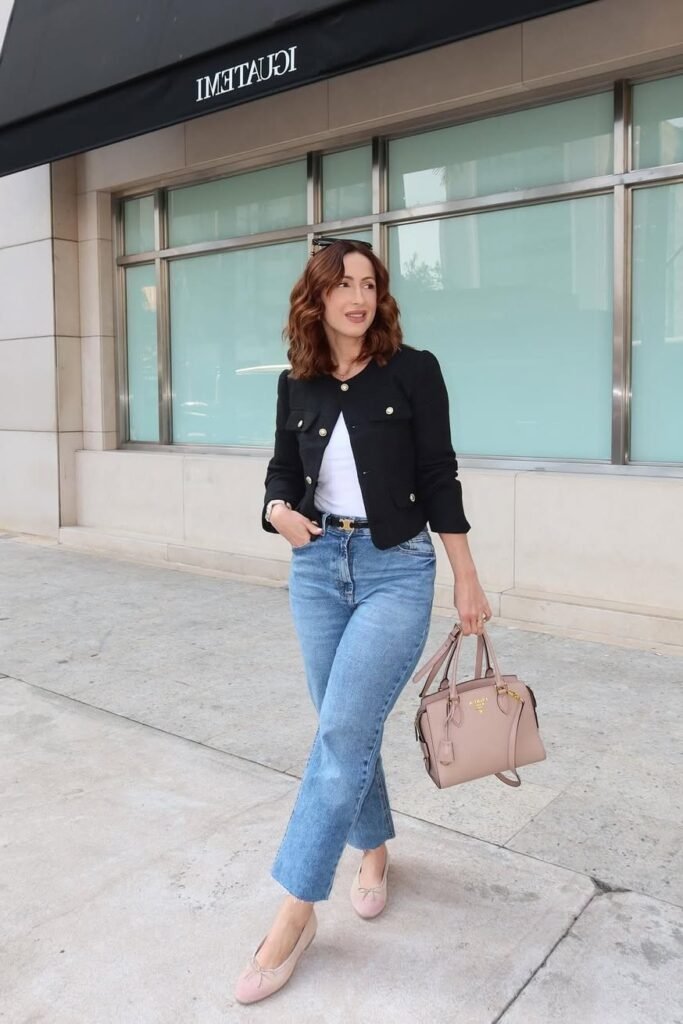 Black Textured Jacket + White T-Shirt + Straight Leg Jeans + Pink Ballet Flats