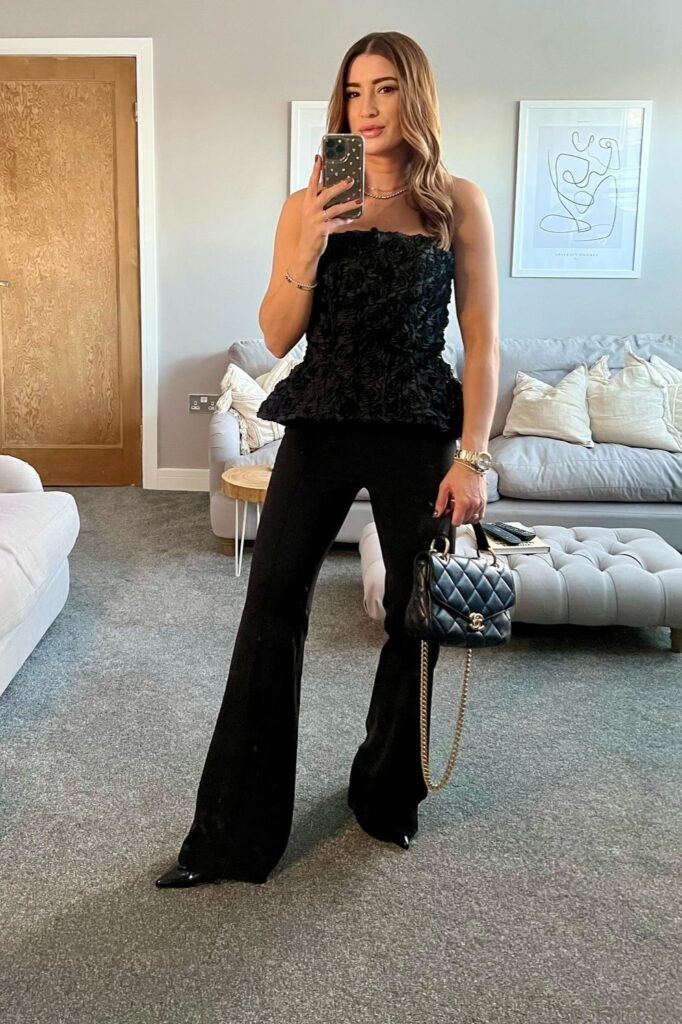 Black Textured Peplum Strapless Top + Black Flare Trousers + Quilted Black Chain Bag
