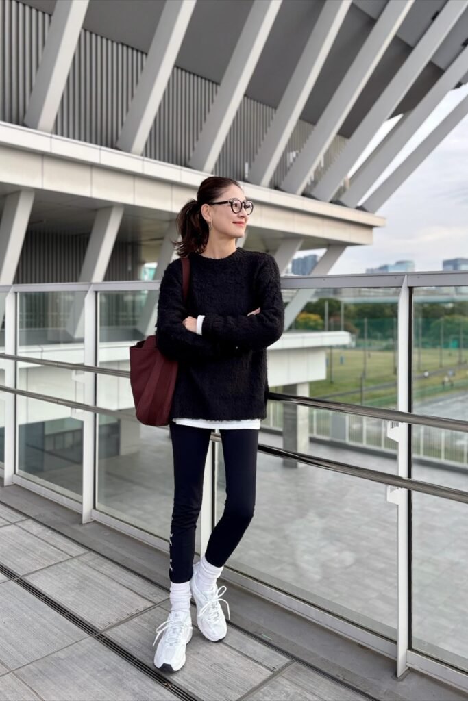 Black Textured Sweater + White Undershirt + Black Leggings + White Sneakers