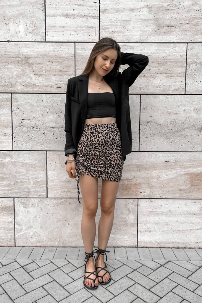Black Tube Top + Leopard Print Ruched Mini Skirt + Black Oversized Blazer + Black Lace-Up Sandals