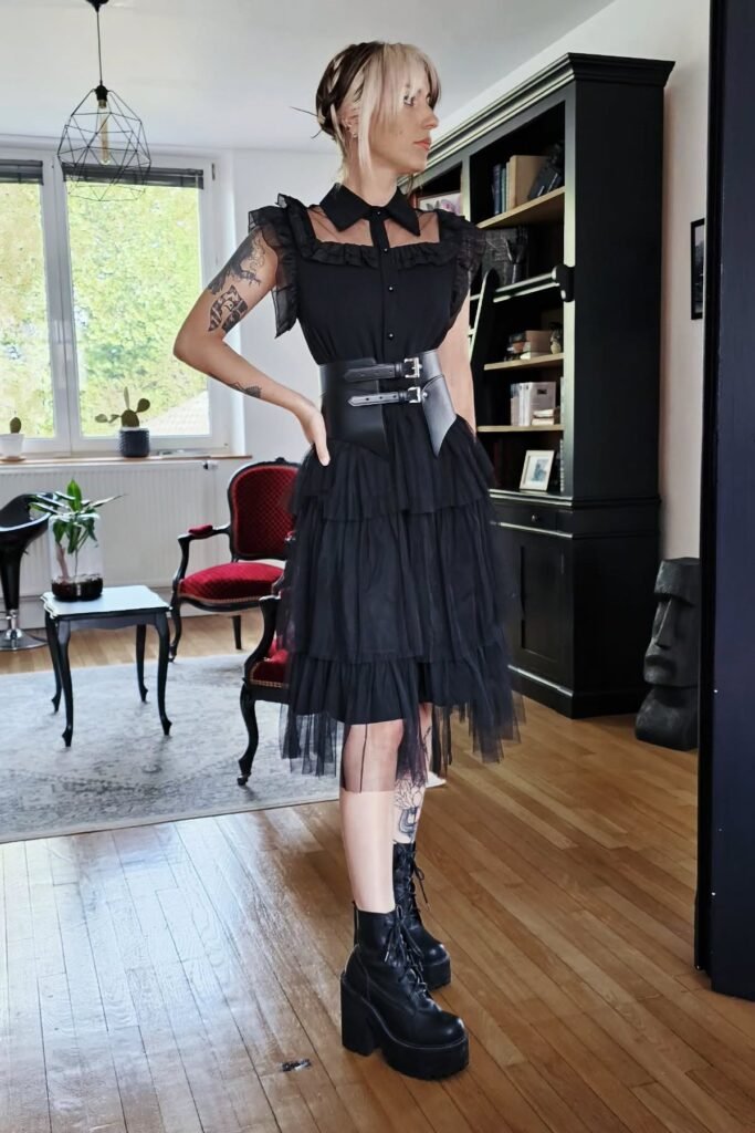 Black Tulle Ruffle Dress + Wide Double-Buckle Corset Belt + Black Platform Combat Boots