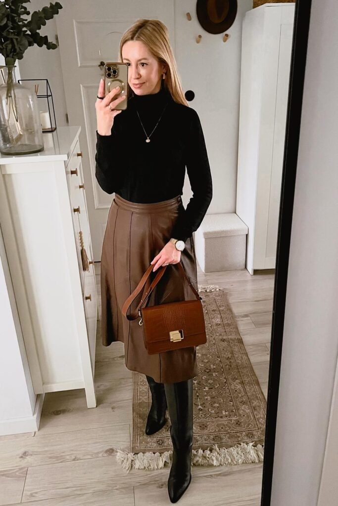 Black Turtleneck Sweater + Brown Leather Midi Skirt + Black Pointed-Toe Boots