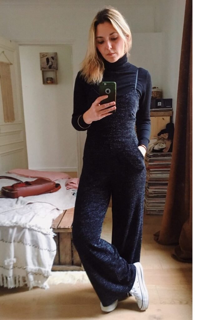 Black Turtleneck Sweater + Dark Grey Sparkly Jumpsuit + White Sneakers