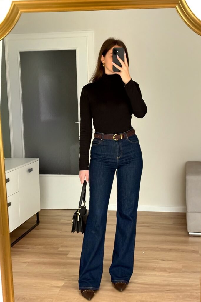 Black Turtleneck Sweater + Dark Wash Flare Jeans + Brown Leather Belt + Brown Pointed Boots