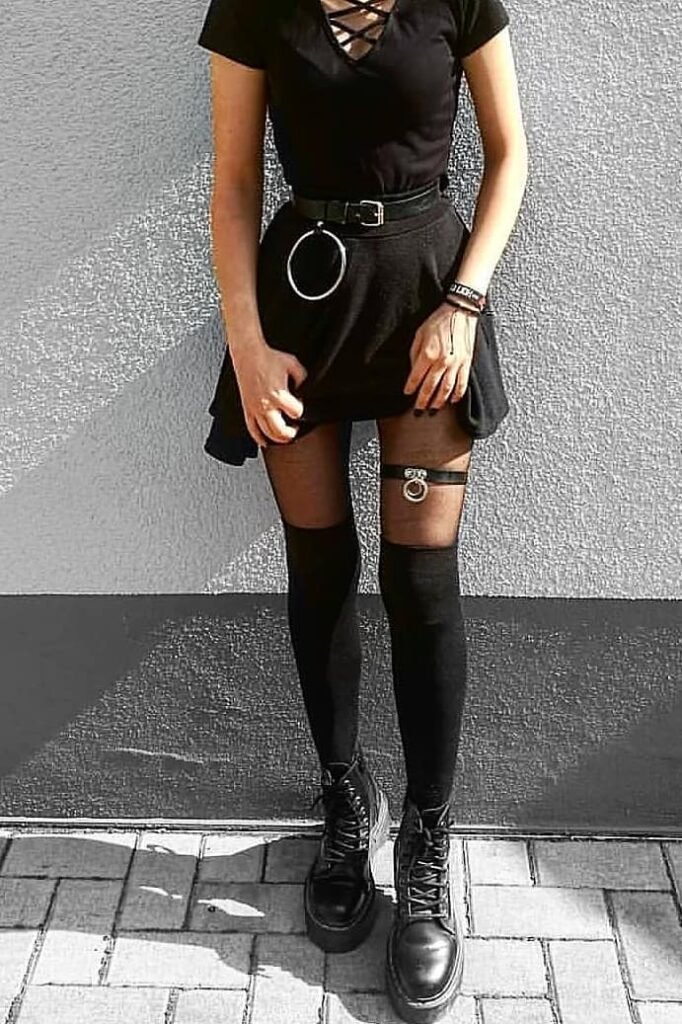 Black V-Neck Skater Dress + O-Ring Garter over Sheer Tights + Thigh-High Socks