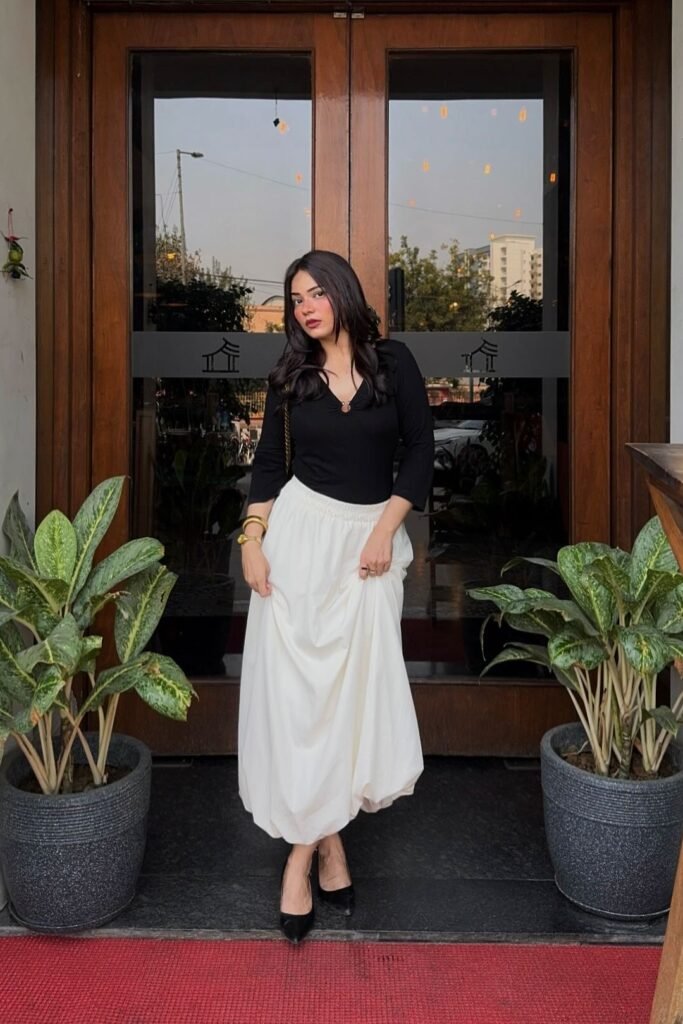 Black V-Neck Top + White Maxi Skirt + Black Pointed Heels
