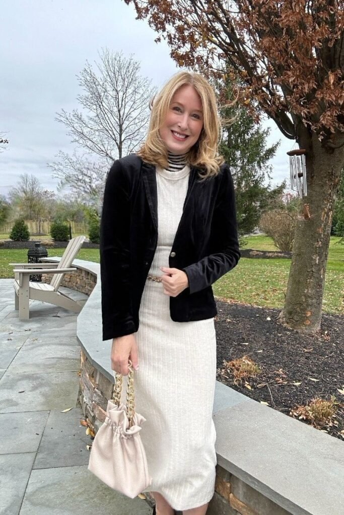 Black Velvet Blazer + Cream Ribbed Maxi Dress + Striped Turtleneck + Cream Chain-Handle Bag