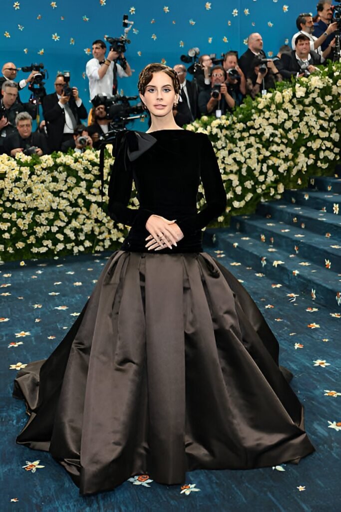 Black Velvet Long-Sleeved Top + Dark Brown Satin Ballgown Skirt + Gold Headpiece