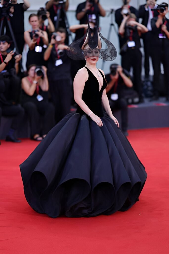 Black Velvet Plunging Bodice + Sculptural Layered Hoop Skirt + Black Lace Architectural Headpiece