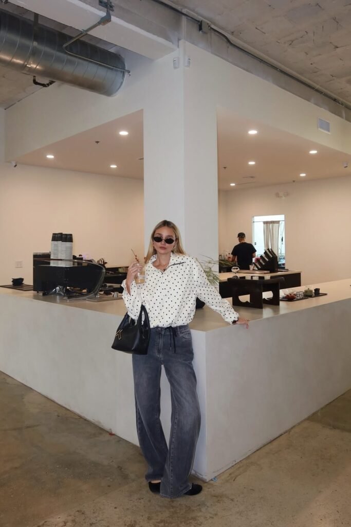 Black & White Polka Dot Blouse + Charcoal Grey Wide-Leg Jeans + Black Ballet Flats