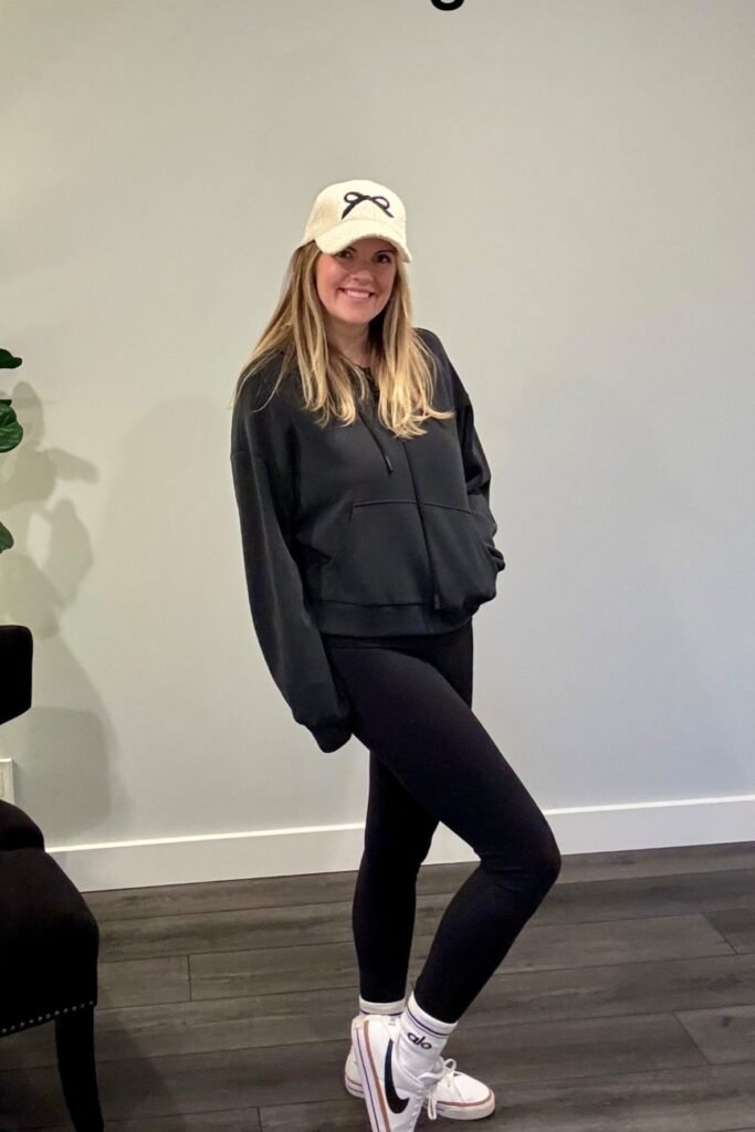 Black Zip-Up Hoodie + Black Leggings + White High-Top Sneakers