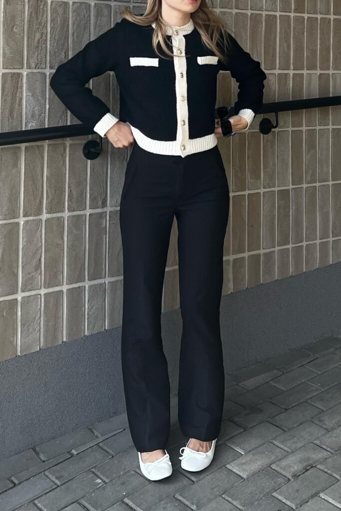 Black and White Contrast Trim Cardigan + Black Flared Trousers + White Ballet Flats
