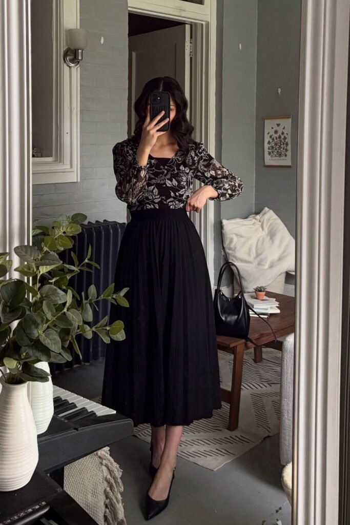 Black and White Floral Blouse + Black Pleated Midi Skirt + Black Pointed-Toe Pumps