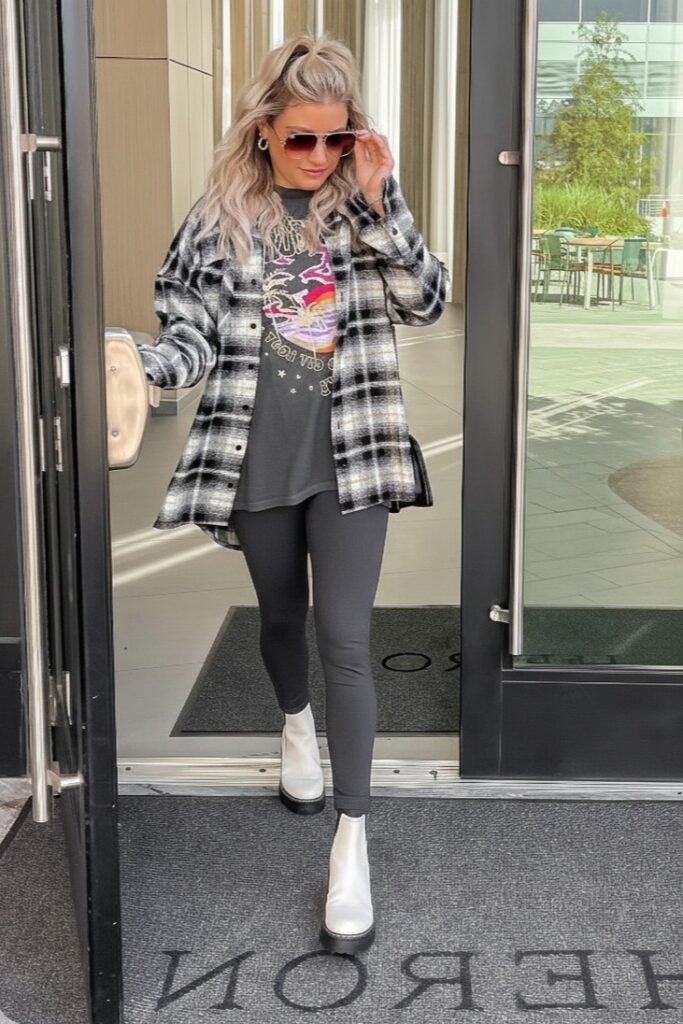 Black and White Plaid Shacket + Graphic Tee + Charcoal Grey Leggings + White Platform Chelsea Boots