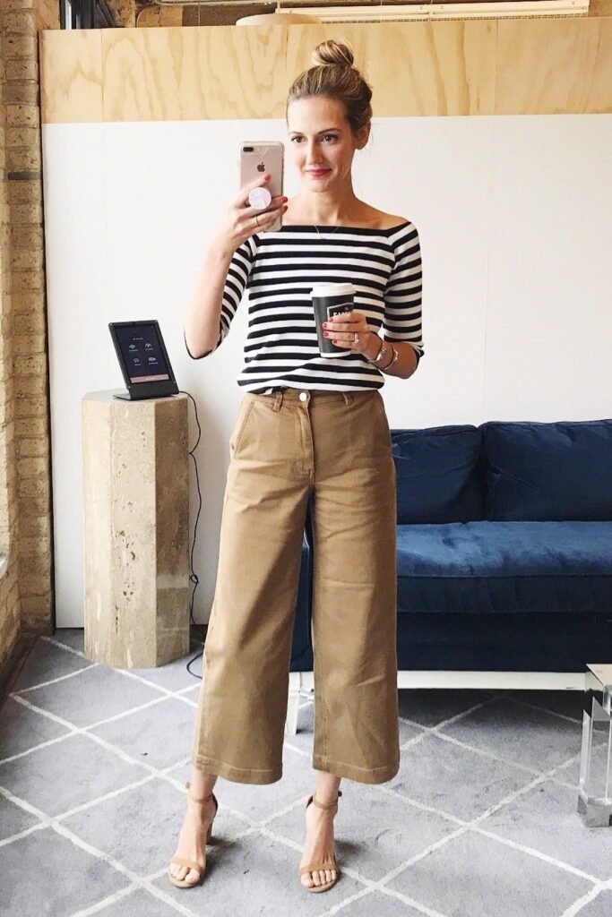 Black and White Striped Boatneck Top + Tan Wide-Leg Cropped Trousers + Tan Heeled Sandals