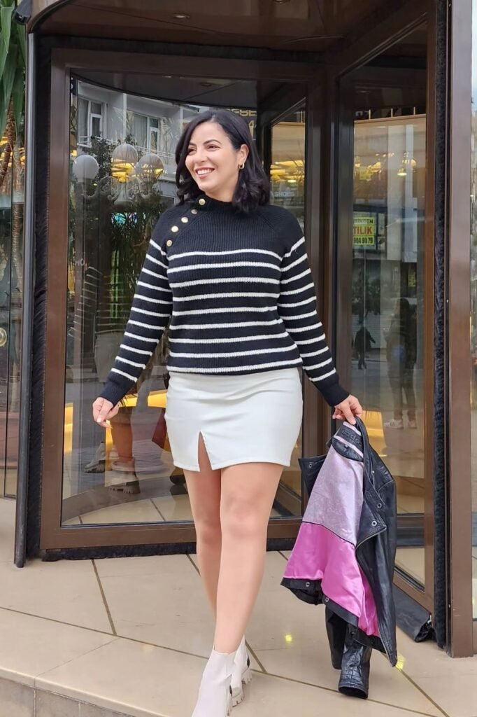 Black and White Striped Button-Shoulder Sweater + White Mini Skirt with Slit + White Lug-Sole Boots