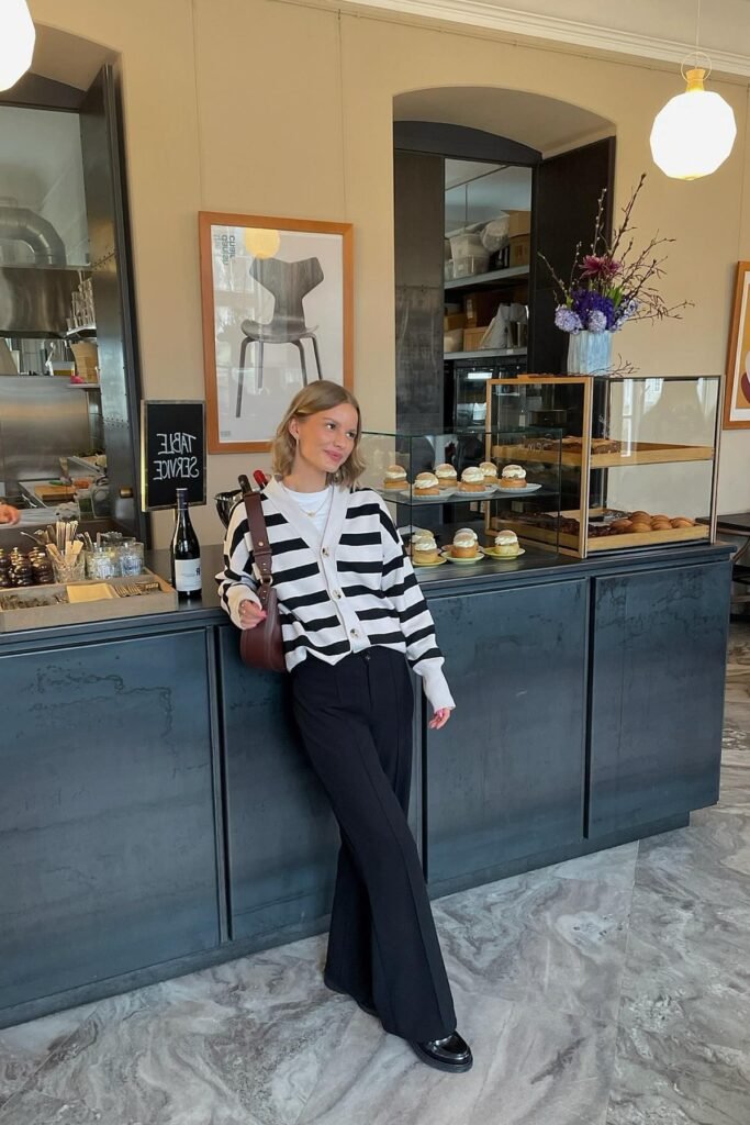 Black and White Striped Cardigan + Black High-Waisted Flare Trousers + Black Patent Loafers