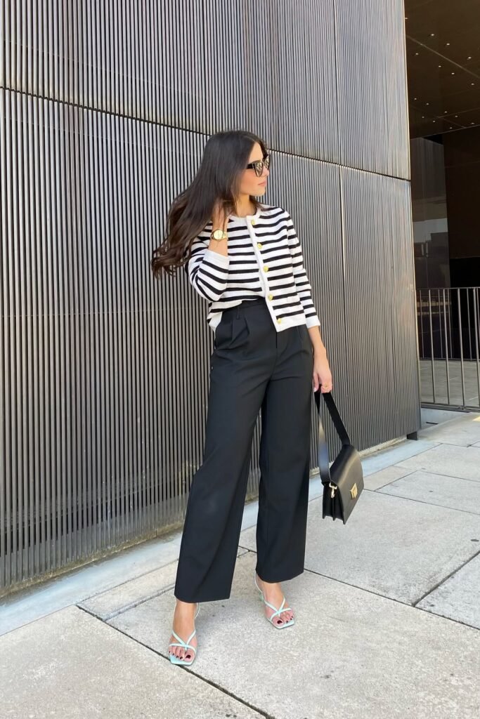 Black and White Striped Cardigan + Black Tailored Wide-Leg Trousers + Mint Green Strappy Sandals