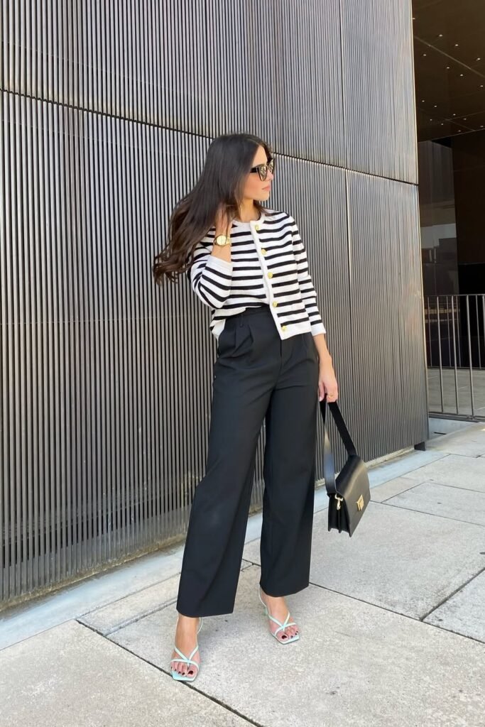 Black and White Striped Cardigan + Black Wide-Leg Trousers + Mint Strappy Sandals